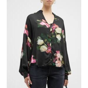 Finley Floral-Print Band Collar Silky Blouse in Black Size Small